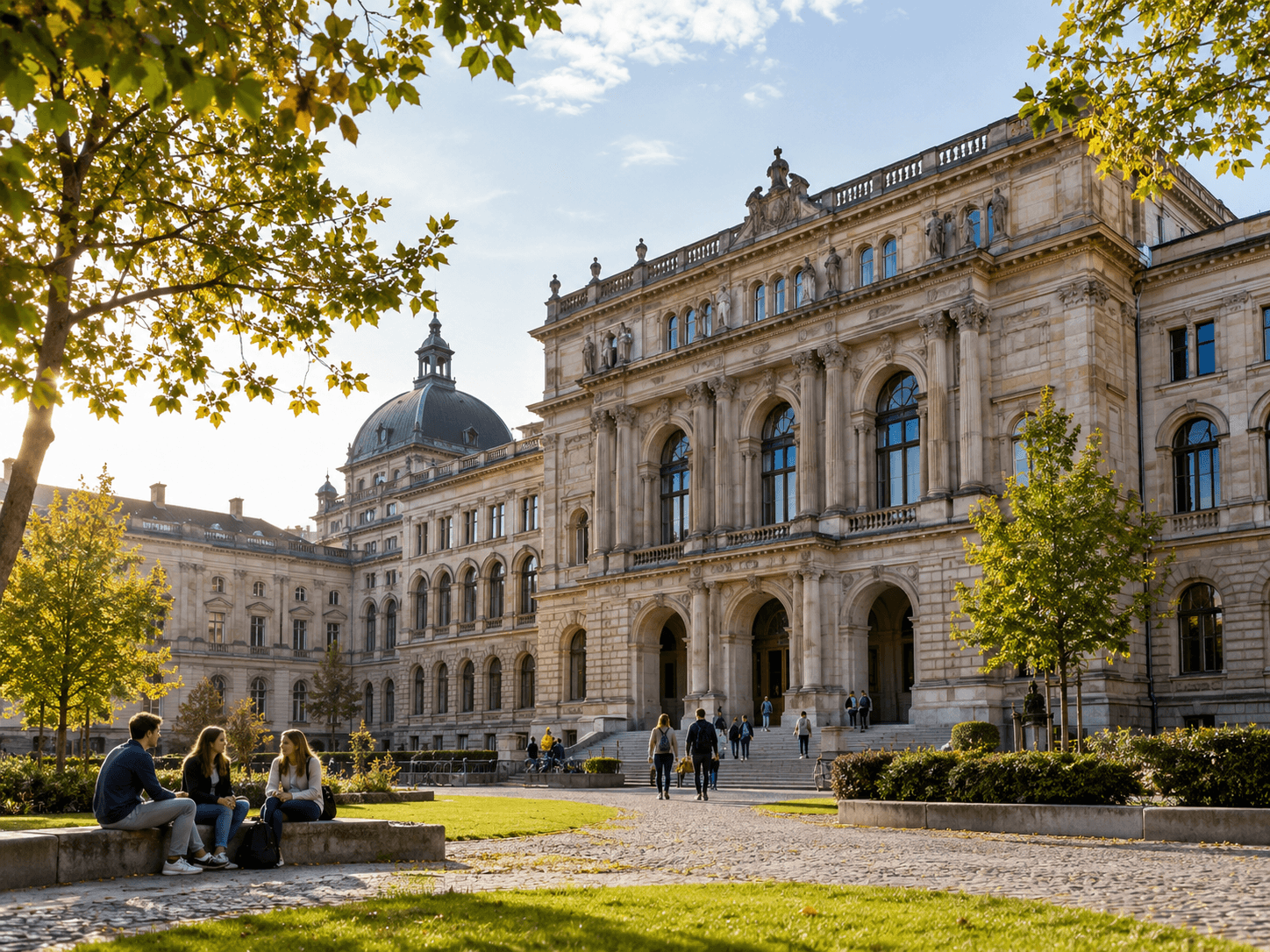 Historic German university campus with cherry blossom trees