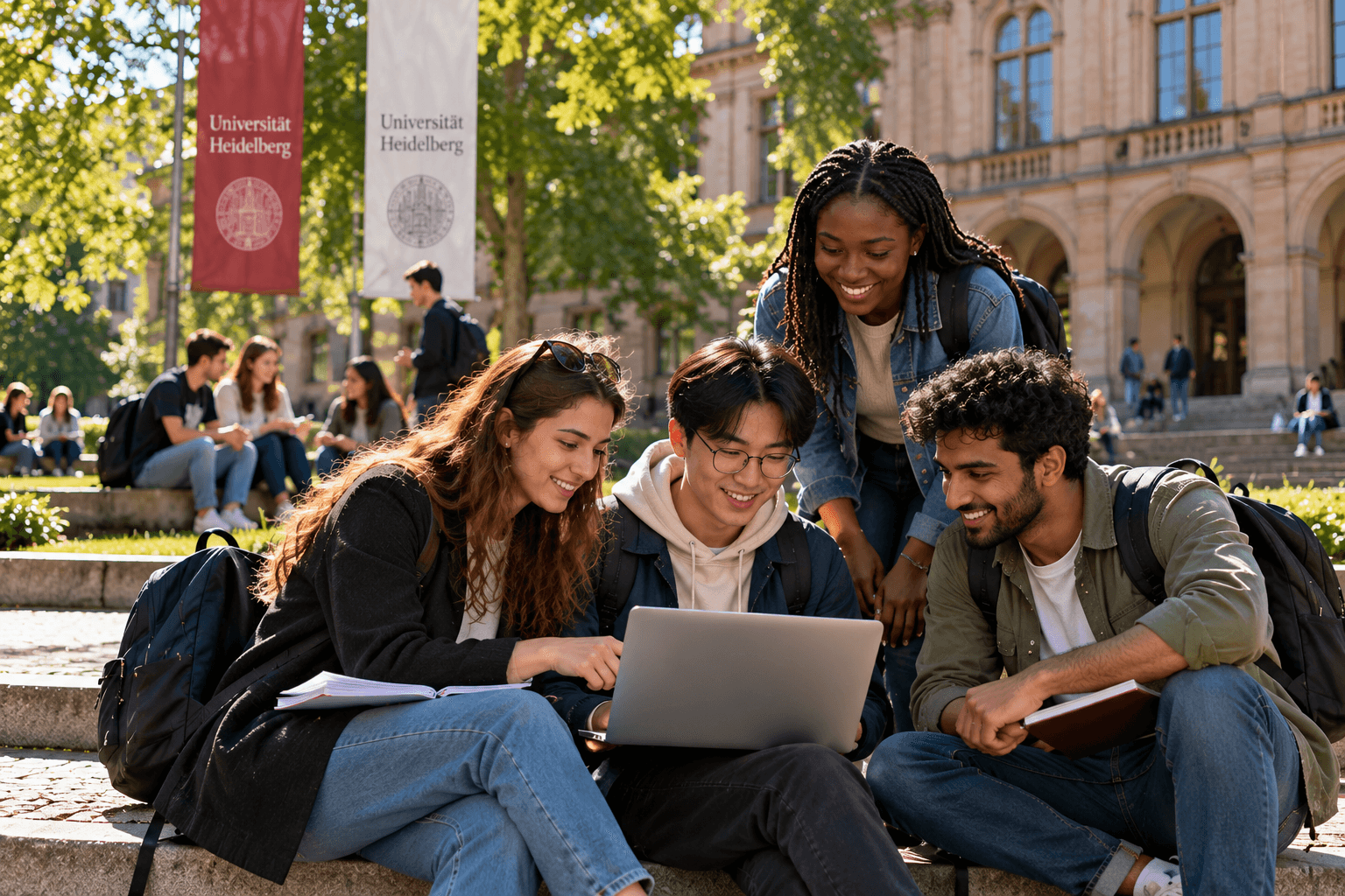 Diverse international students collaborating outdoors